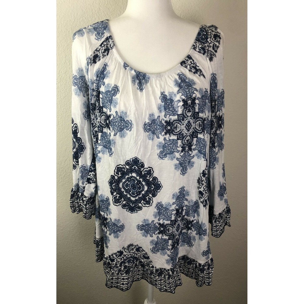 INC Int Concept Blue White Medallion Print 3/4 Sleeve Blouse Sz XXL